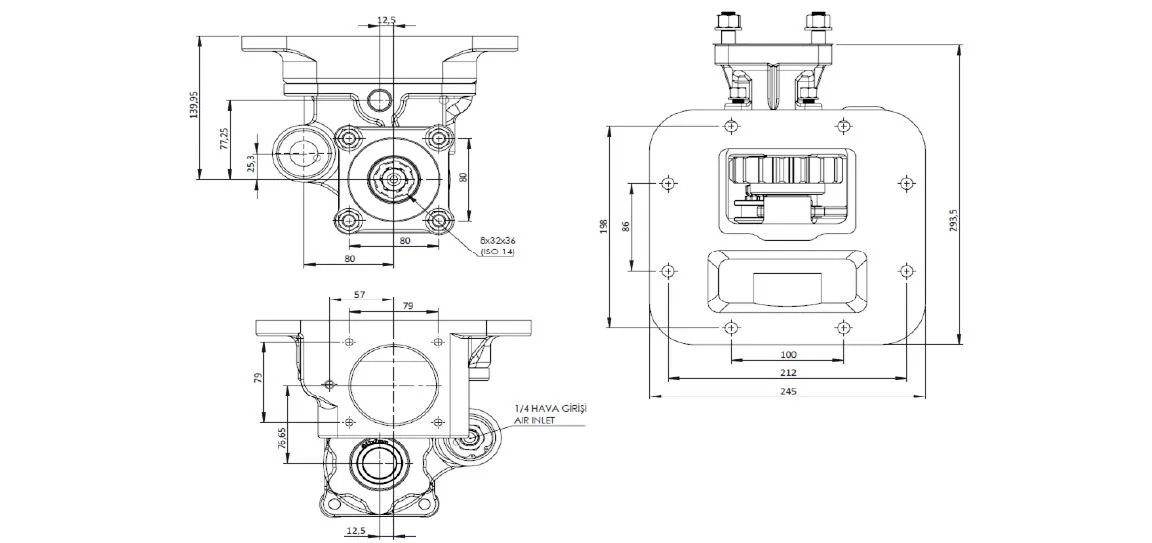 CTM 102 AC1 PTO teknik çizimi — kesit, ölçü ve montaj şeması