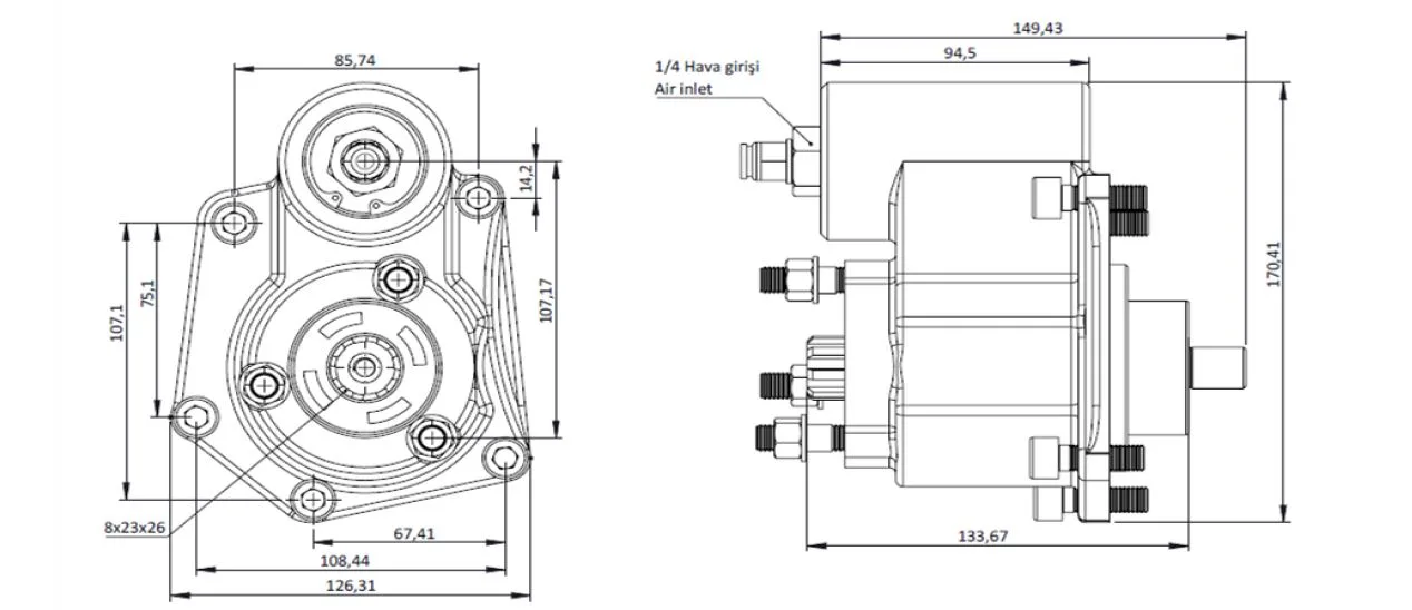 CTM 105 AE PTO teknik çizimi — kesit, ölçü ve montaj şeması