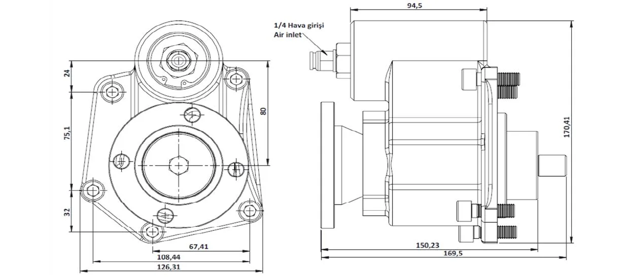 CTM 105 AD PTO teknik çizimi — kesit, ölçü ve montaj şeması