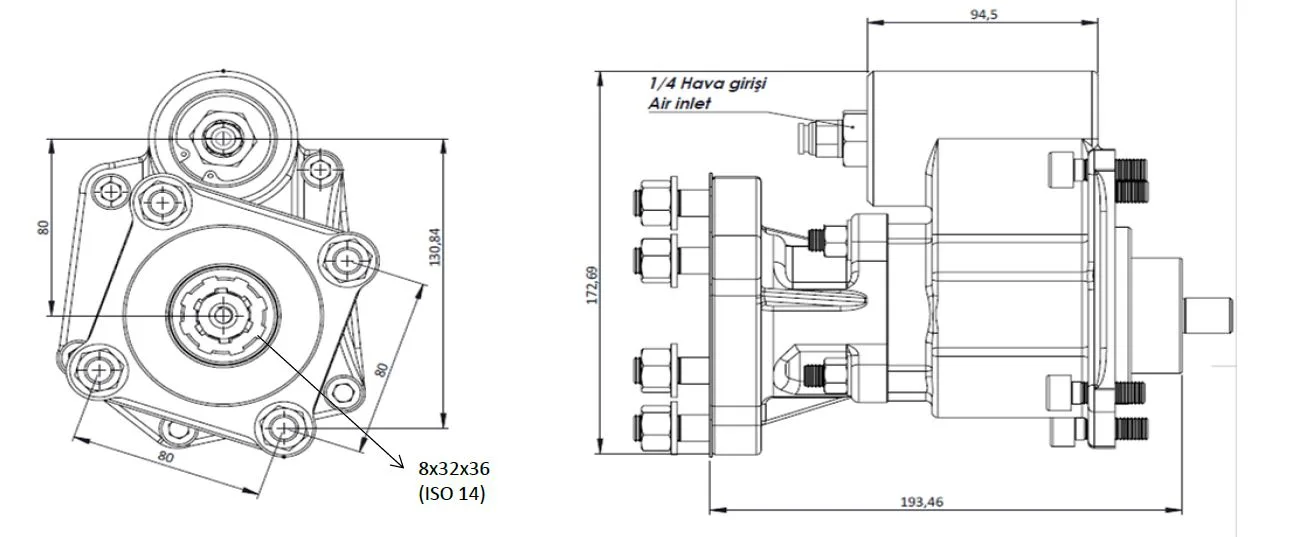 CTM 105 AC1 PTO teknik çizimi — kesit, ölçü ve montaj şeması