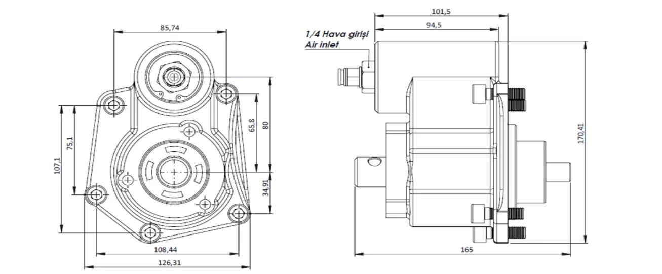 CTM 105 A PTO teknik çizimi — kesit, ölçü ve montaj şeması
