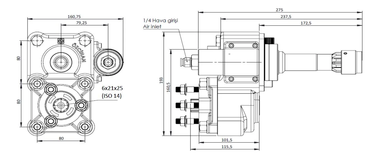 CTM 106 AE PTO teknik çizimi — kesit, ölçü ve montaj şeması