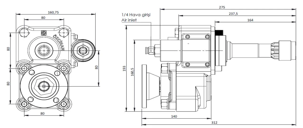 CTM 106 ADF PTO teknik çizimi — kesit, ölçü ve montaj şeması
