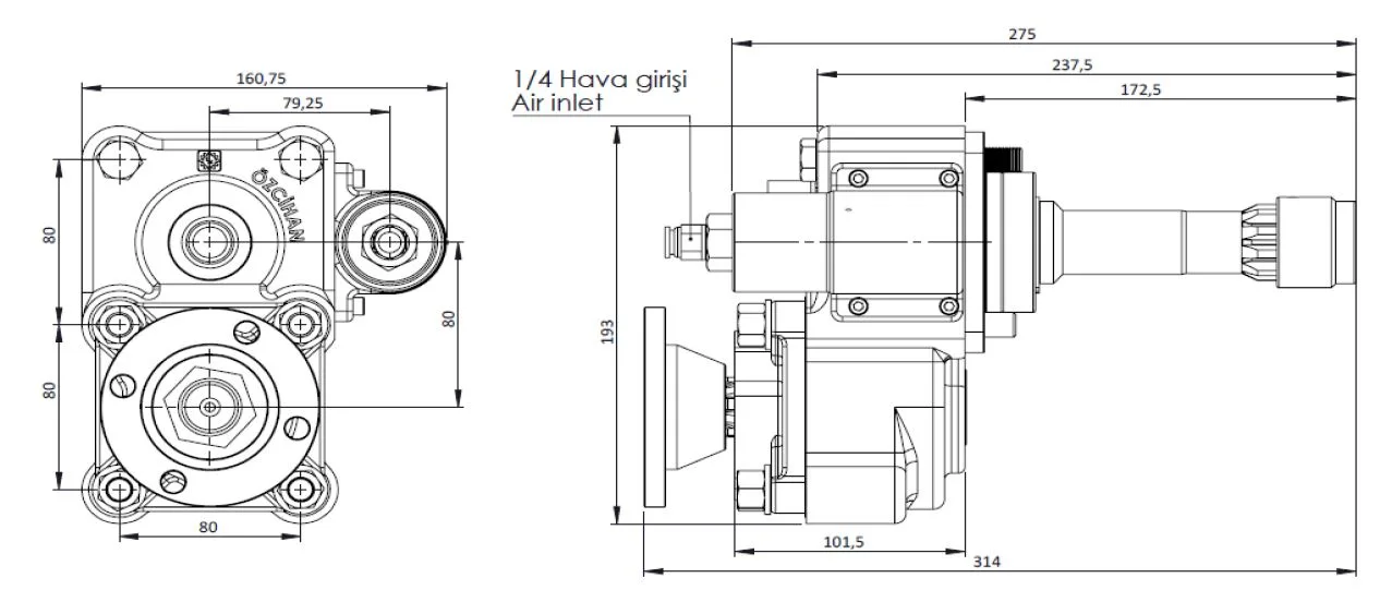 CTM 106 AD1F PTO teknik çizimi — kesit, ölçü ve montaj şeması