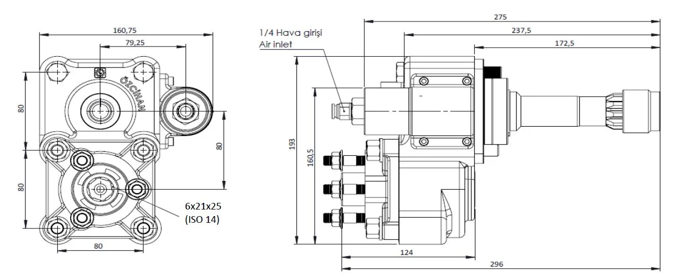 CTM 106 AC2F PTO teknik çizimi — kesit, ölçü ve montaj şeması