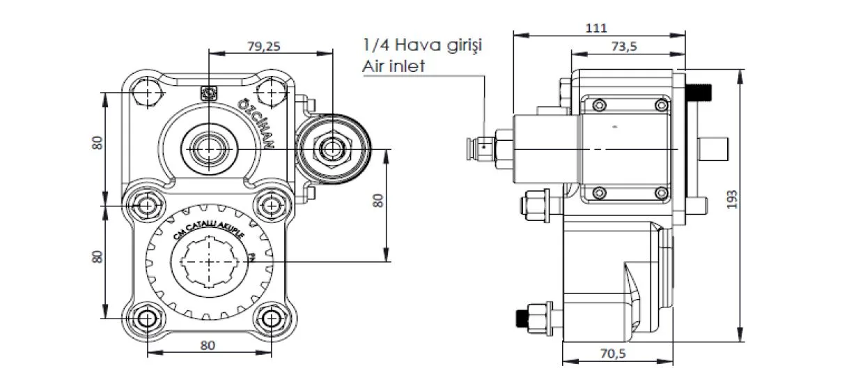 CTM 106 AC1F PTO teknik çizimi — kesit, ölçü ve montaj şeması