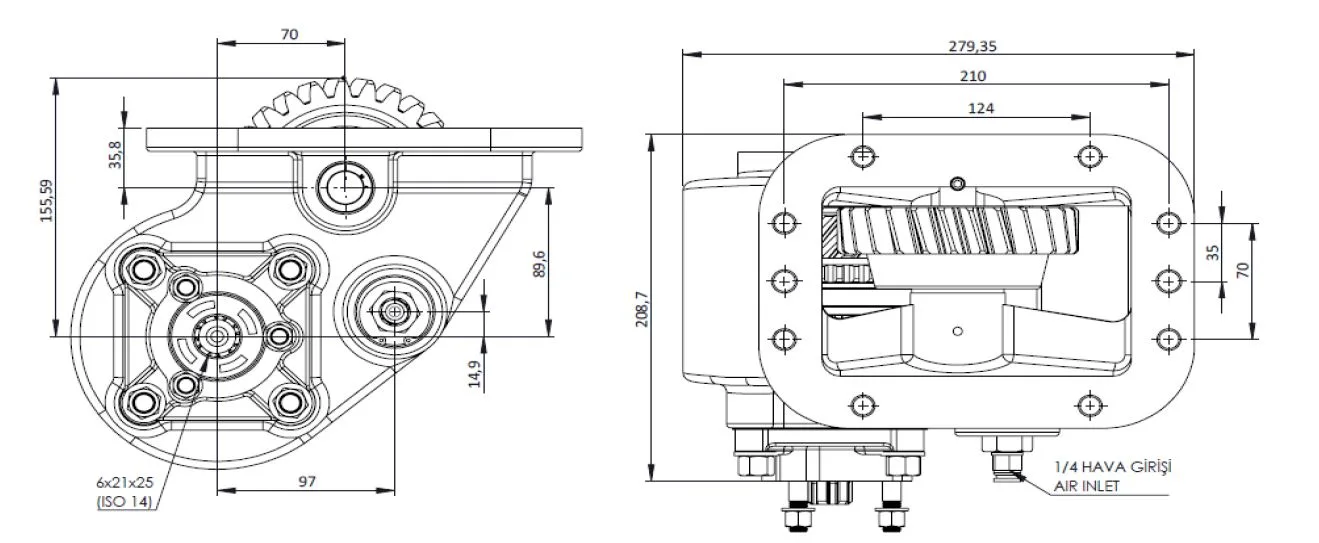 CTM 109 AE PTO teknik çizimi — kesit, ölçü ve montaj şeması