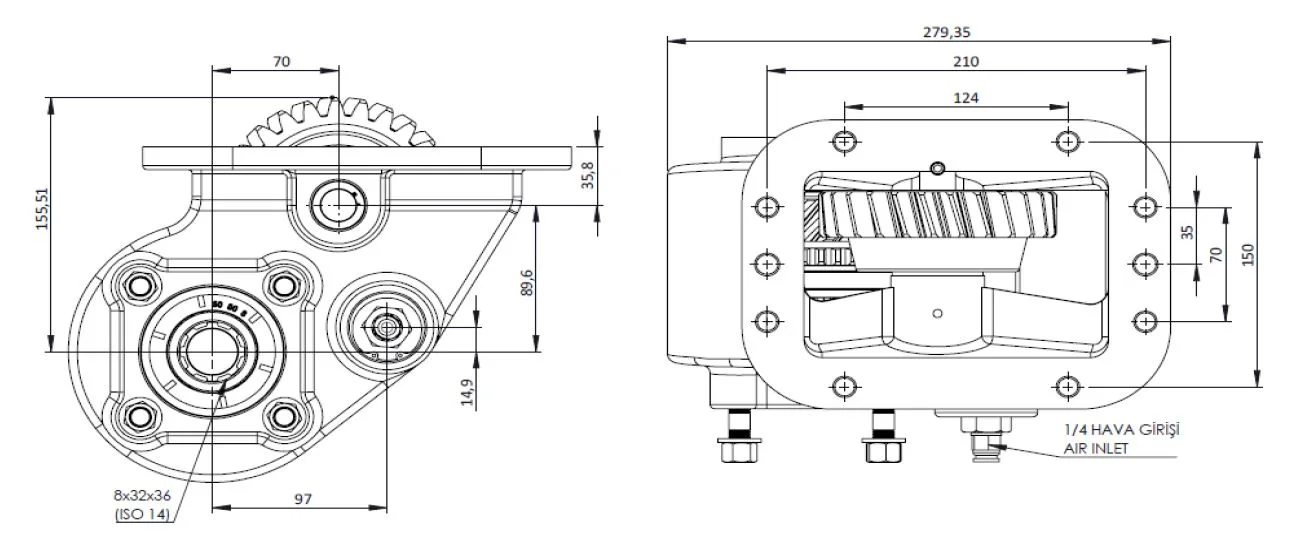 CTM 109 A1 PTO teknik çizimi — kesit, ölçü ve montaj şeması