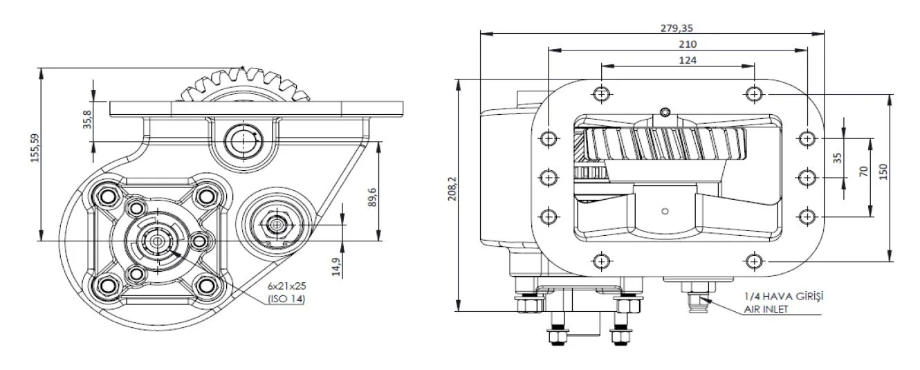 CTM 109 AC2 PTO teknik çizimi — kesit, ölçü ve montaj şeması