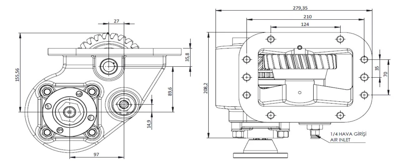 CTM 109 AD PTO teknik çizimi — kesit, ölçü ve montaj şeması