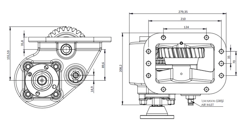 CTM 109 AD1 PTO teknik çizimi — kesit, ölçü ve montaj şeması