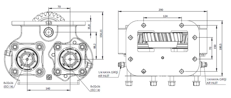 CTM 109 AC1 ÇÇ PTO teknik çizimi — kesit, ölçü ve montaj şeması