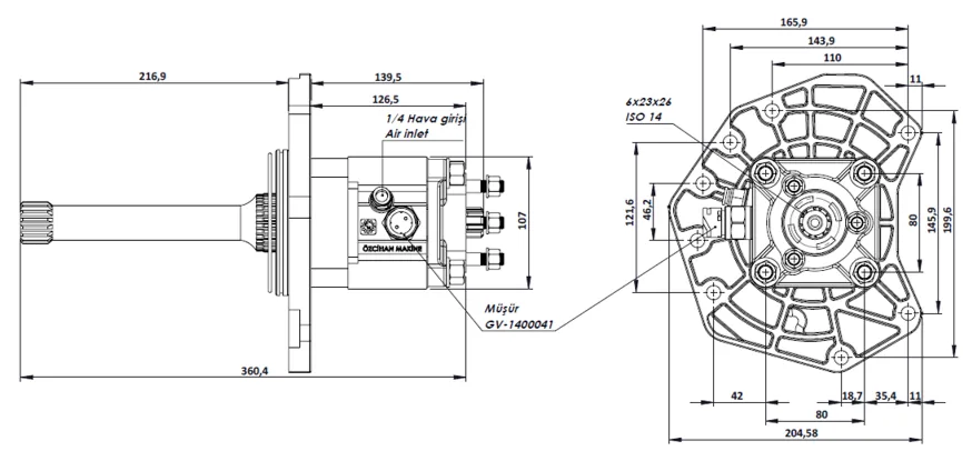 CTM 112 AE PTO teknik çizimi — kesit, ölçü ve montaj şeması