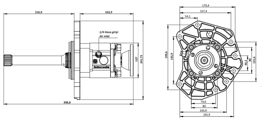 CTM 112 ADF PTO teknik çizimi — kesit, ölçü ve montaj şeması