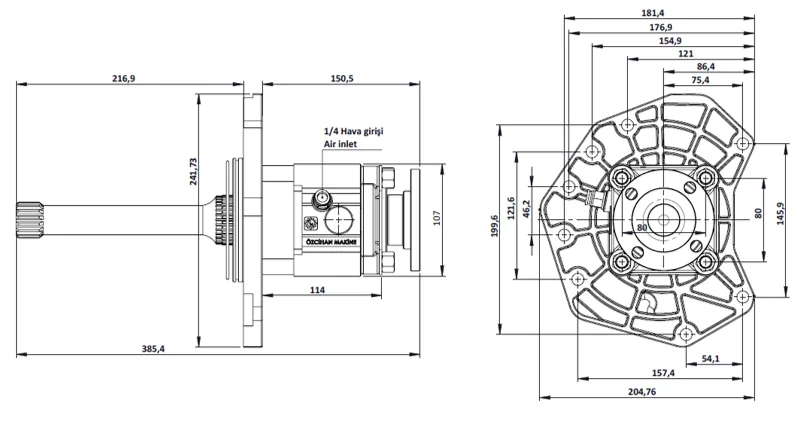 CTM 112 AD1F PTO teknik çizimi — kesit, ölçü ve montaj şeması