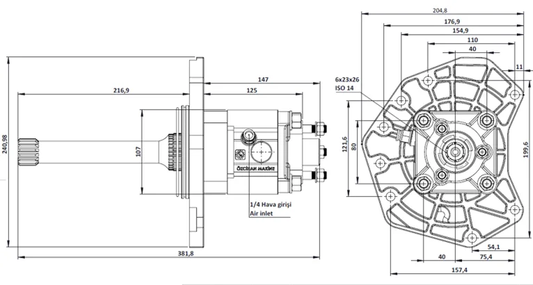 CTM 112 AC2F PTO teknik çizimi — kesit, ölçü ve montaj şeması