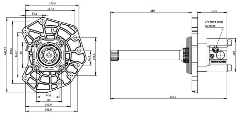 CTM 112 AC1F PTO teknik çizimi — kesit, ölçü ve montaj şeması