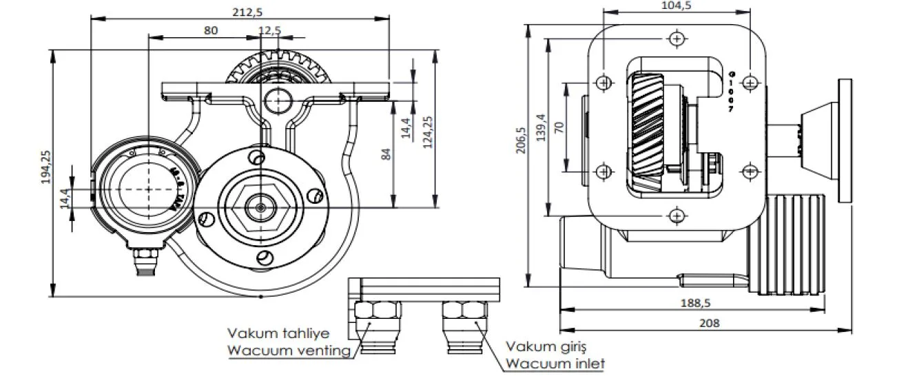 CTM 113 BD KV PTO teknik çizimi — kesit, ölçü ve montaj şeması