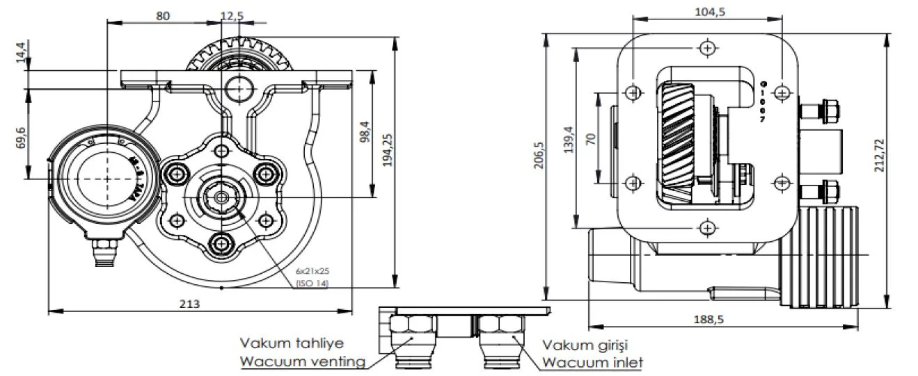 CTM 113 BC2 KV PTO teknik çizimi — kesit, ölçü ve montaj şeması