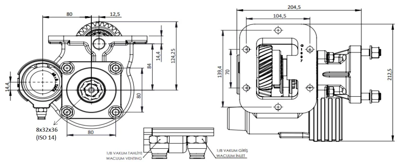 CTM 113 BC1 KV PTO teknik çizimi — kesit, ölçü ve montaj şeması