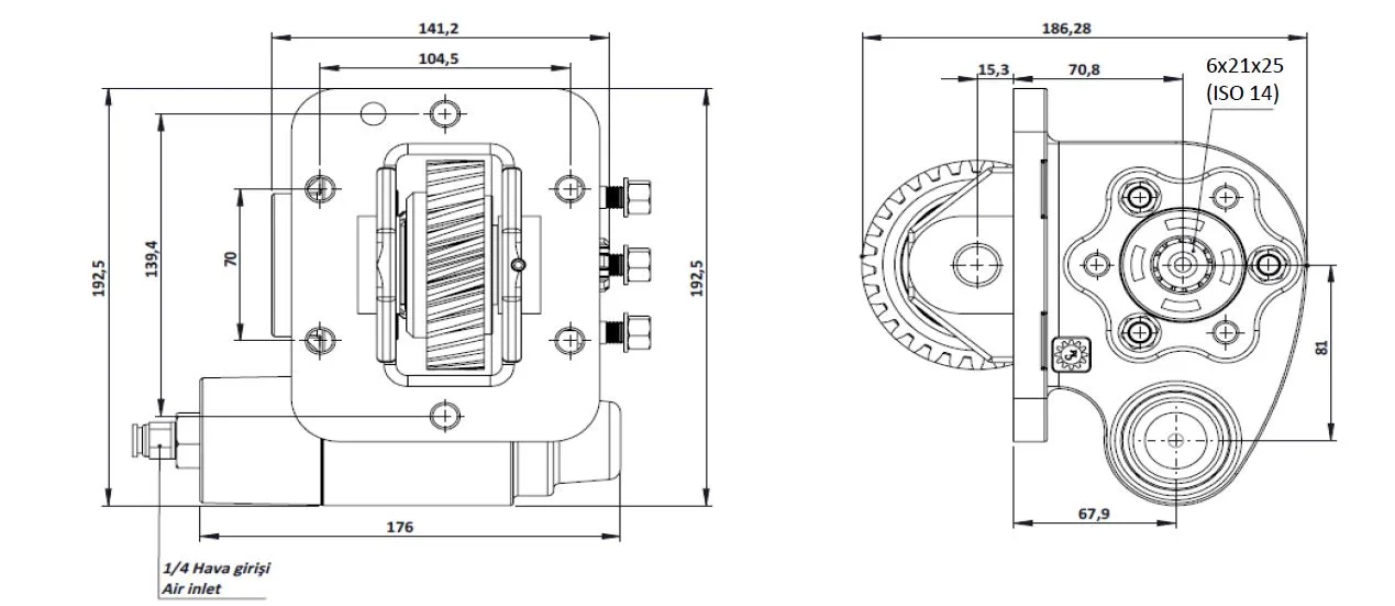 CTM 116 AE PTO teknik çizimi — kesit, ölçü ve montaj şeması