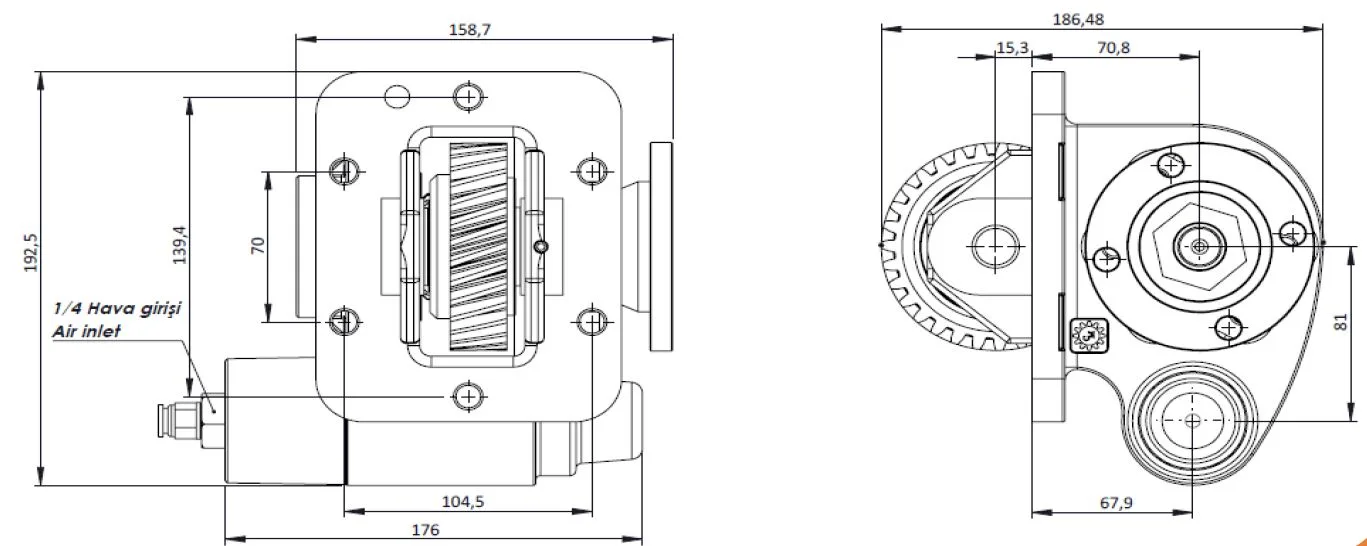 CTM 116 AD PTO teknik çizimi — kesit, ölçü ve montaj şeması