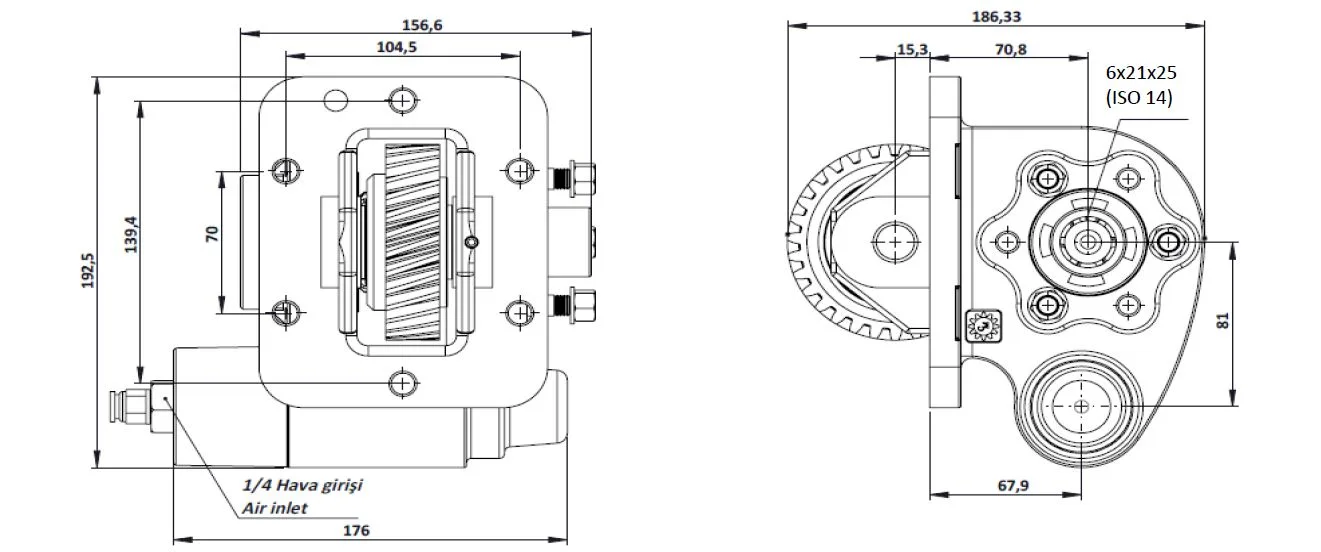 CTM 116 AC2 PTO teknik çizimi — kesit, ölçü ve montaj şeması