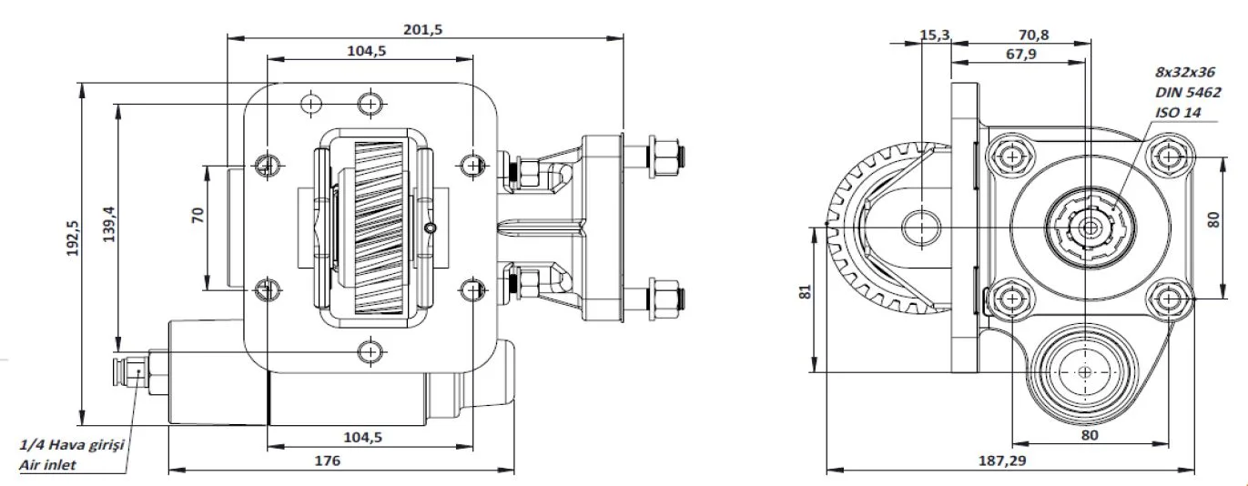 CTM 116 AC1 PTO teknik çizimi — kesit, ölçü ve montaj şeması