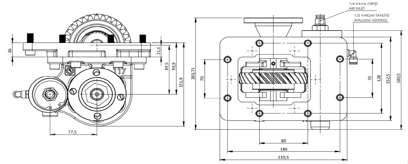 CTM 117 BD KV PTO teknik çizimi — kesit, ölçü ve montaj şeması