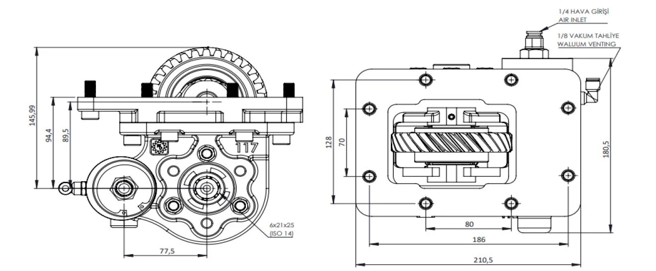 CTM 117 BC2 KV PTO teknik çizimi — kesit, ölçü ve montaj şeması