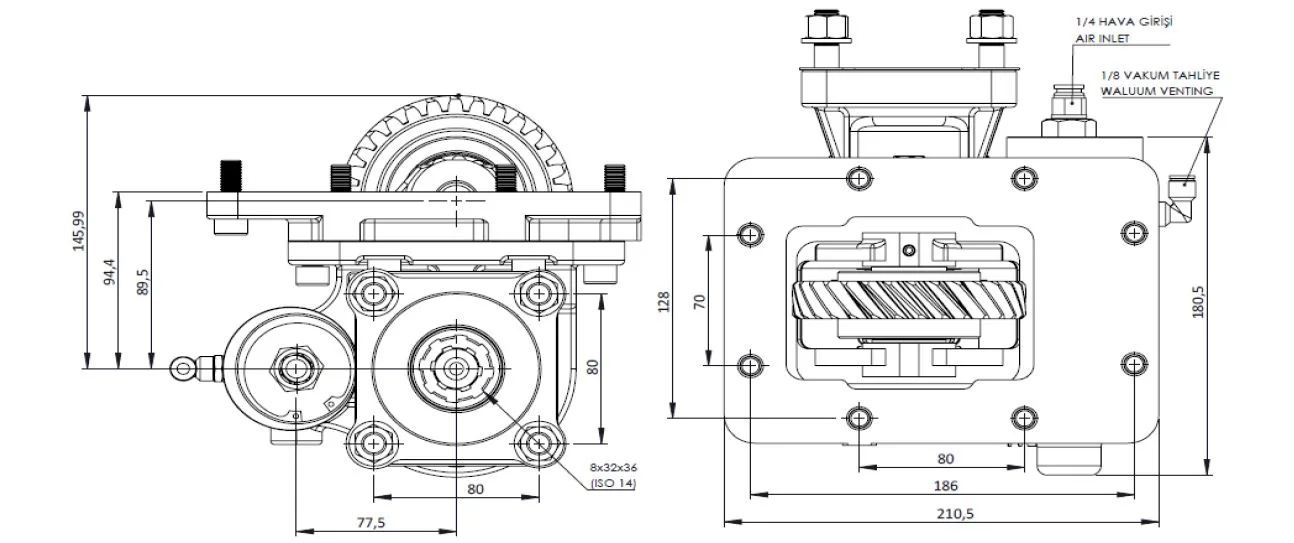 CTM 117 BC1 KV PTO teknik çizimi — kesit, ölçü ve montaj şeması