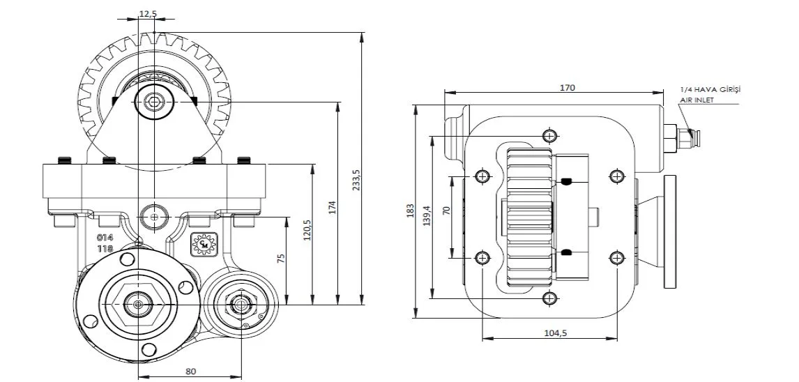 CTM 118 AD PTO teknik çizimi — kesit, ölçü ve montaj şeması
