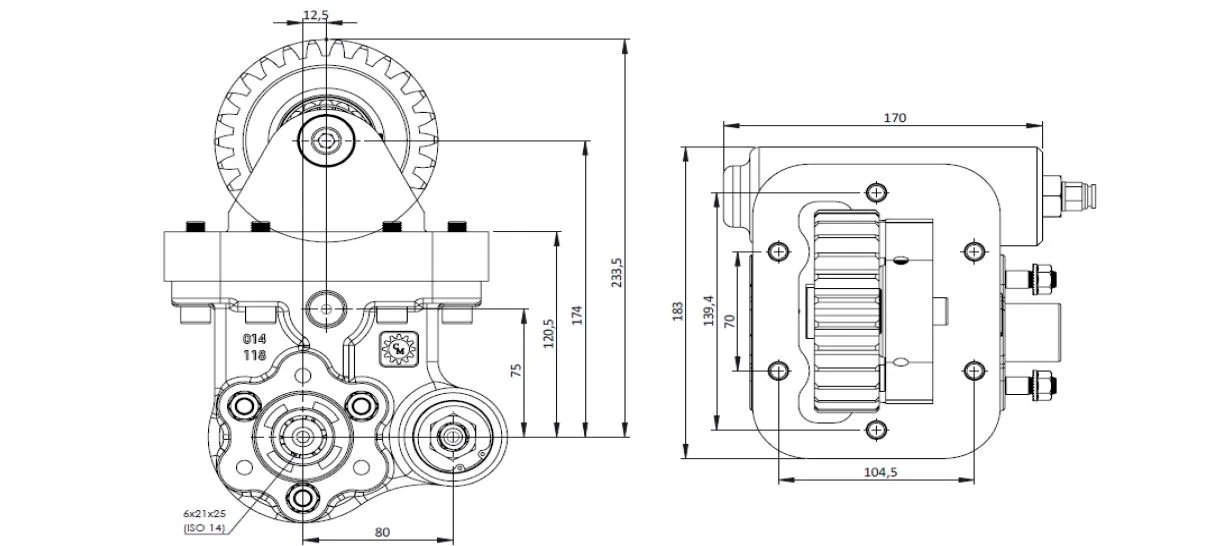 CTM 118 AC2 PTO teknik çizimi — kesit, ölçü ve montaj şeması