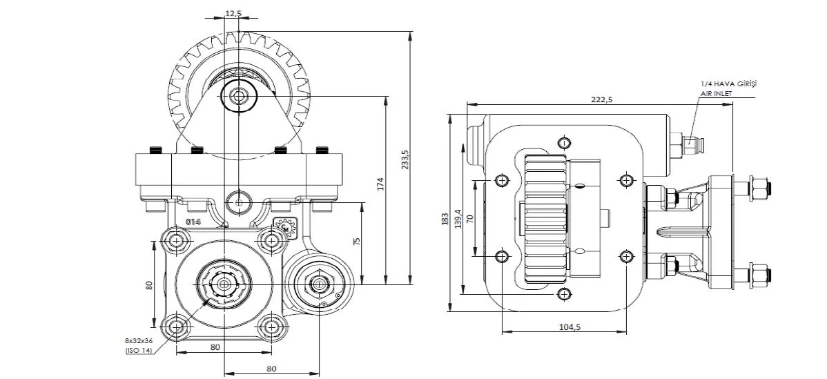 CTM 118 AC1 PTO teknik çizimi — kesit, ölçü ve montaj şeması