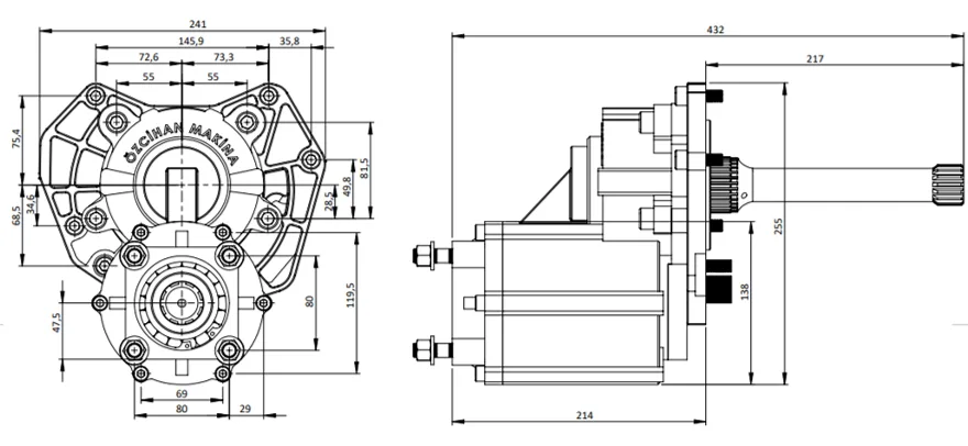 CTM 119 A1 Balatalı PTO teknik çizimi — kesit, ölçü ve montaj şeması