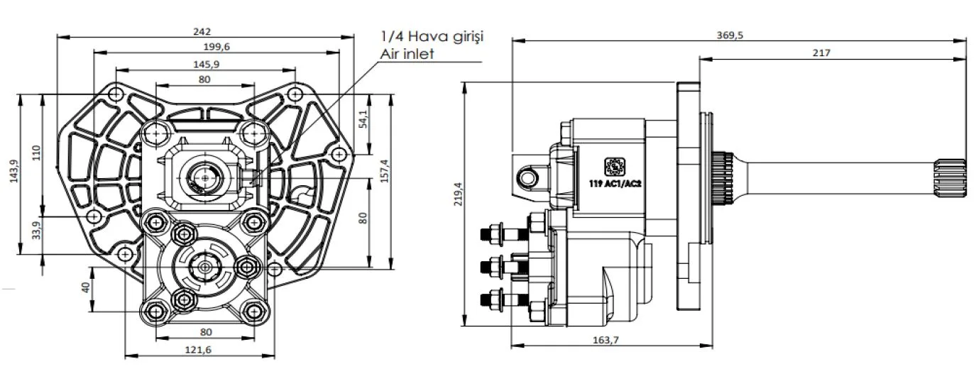 CTM 119 AEF PTO teknik çizimi — kesit, ölçü ve montaj şeması