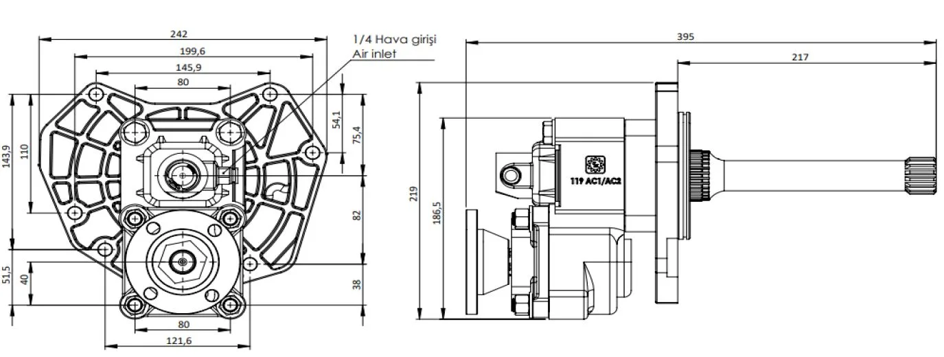 CTM 119 ADF PTO teknik çizimi — kesit, ölçü ve montaj şeması