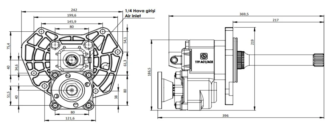 CTM 119 AD1F PTO teknik çizimi — kesit, ölçü ve montaj şeması