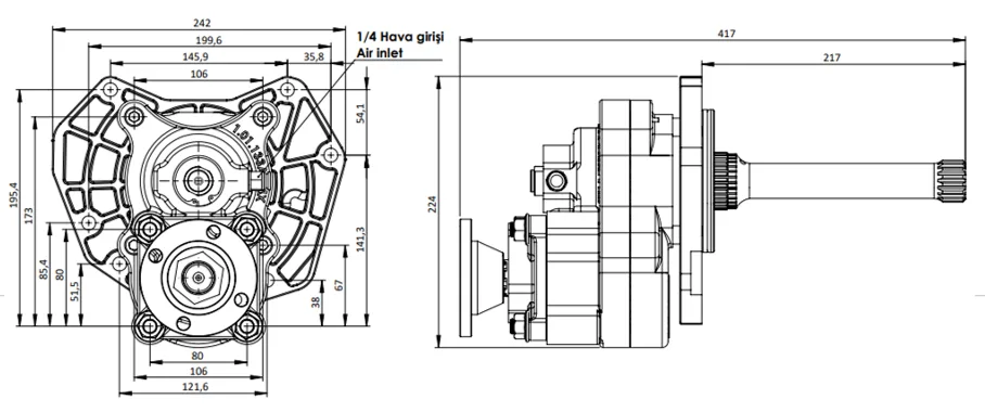 CTM 119 AD1 4XF PTO teknik çizimi — kesit, ölçü ve montaj şeması