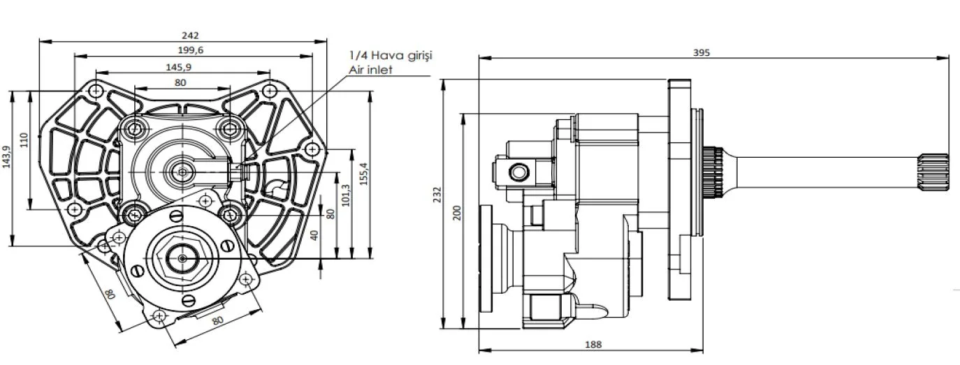 CTM 119 AD1 3X PTO teknik çizimi — kesit, ölçü ve montaj şeması