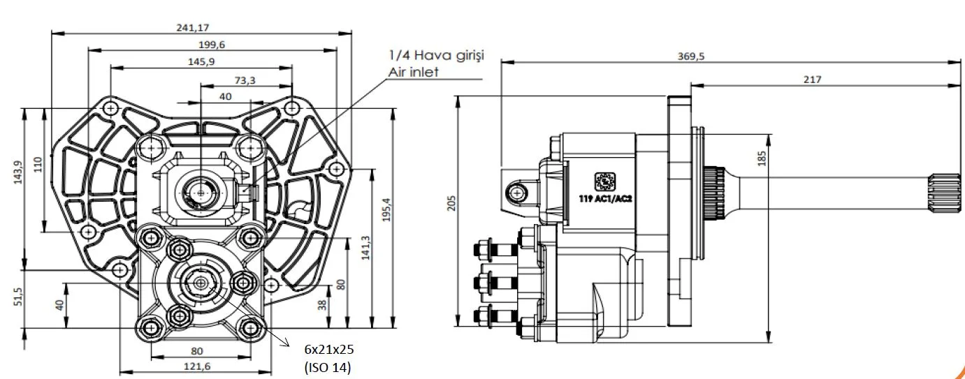 CTM 119 AC2F PTO teknik çizimi — kesit, ölçü ve montaj şeması