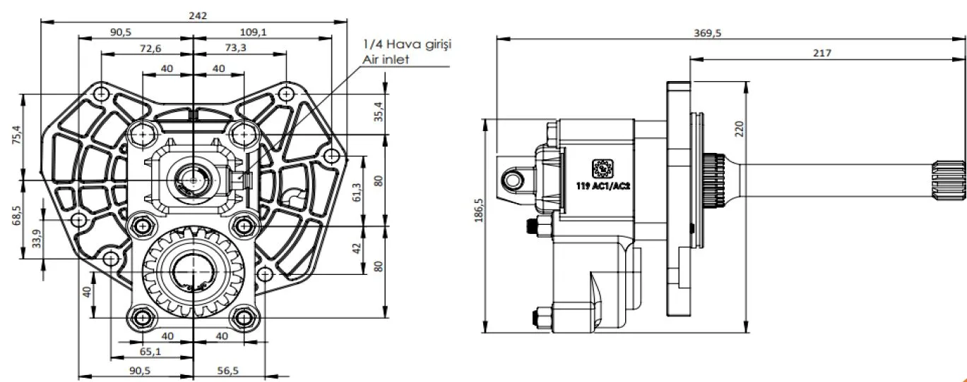 CTM 119 AC1F PTO teknik çizimi — kesit, ölçü ve montaj şeması