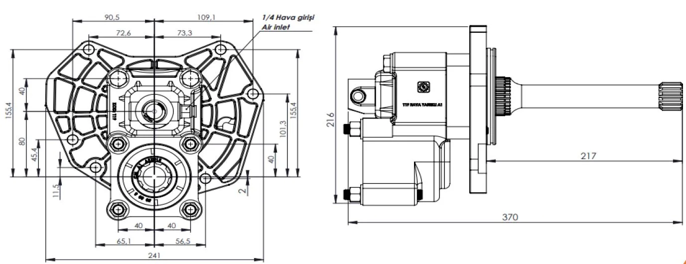CTM 119 A1 PTO teknik çizimi — kesit, ölçü ve montaj şeması