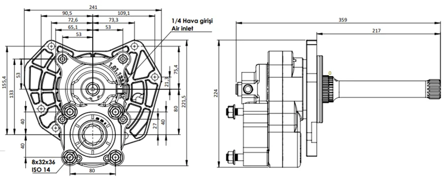 CTM 119 A1 4X PTO teknik çizimi — kesit, ölçü ve montaj şeması