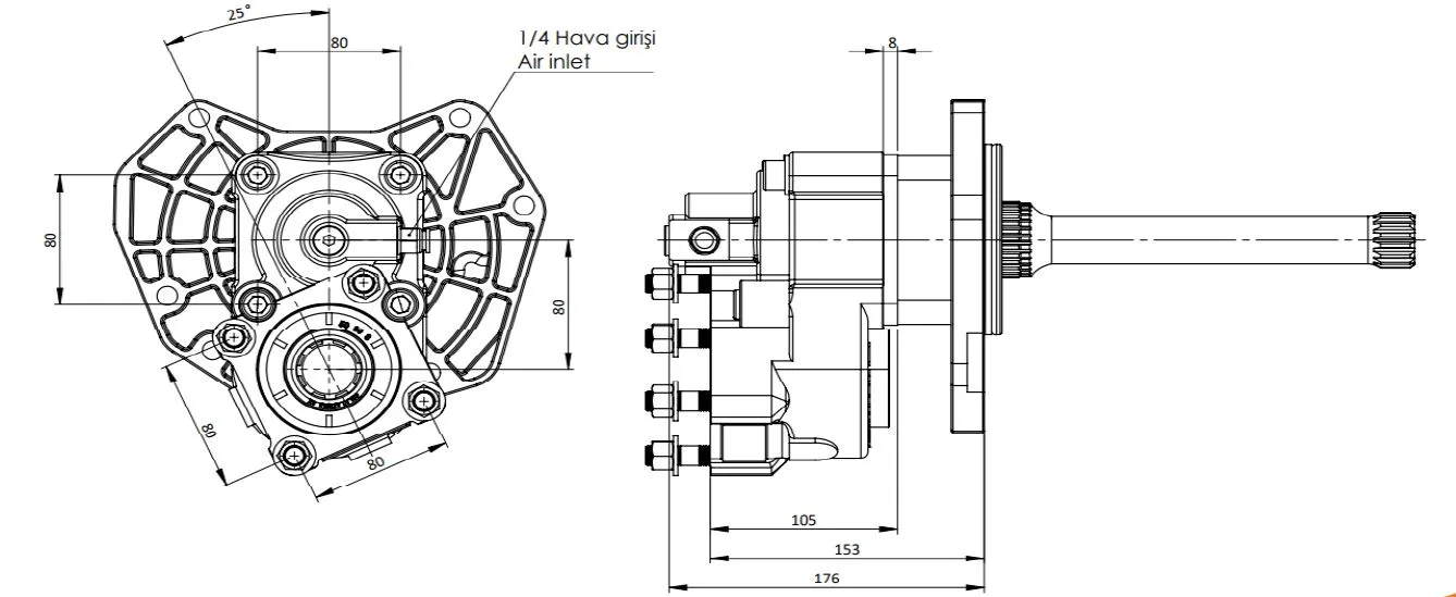 CTM 119 A1 3X PTO teknik çizimi — kesit, ölçü ve montaj şeması
