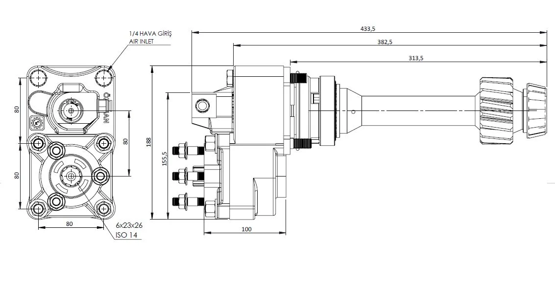 CTM 120 AE PTO teknik çizimi — kesit, ölçü ve montaj şeması