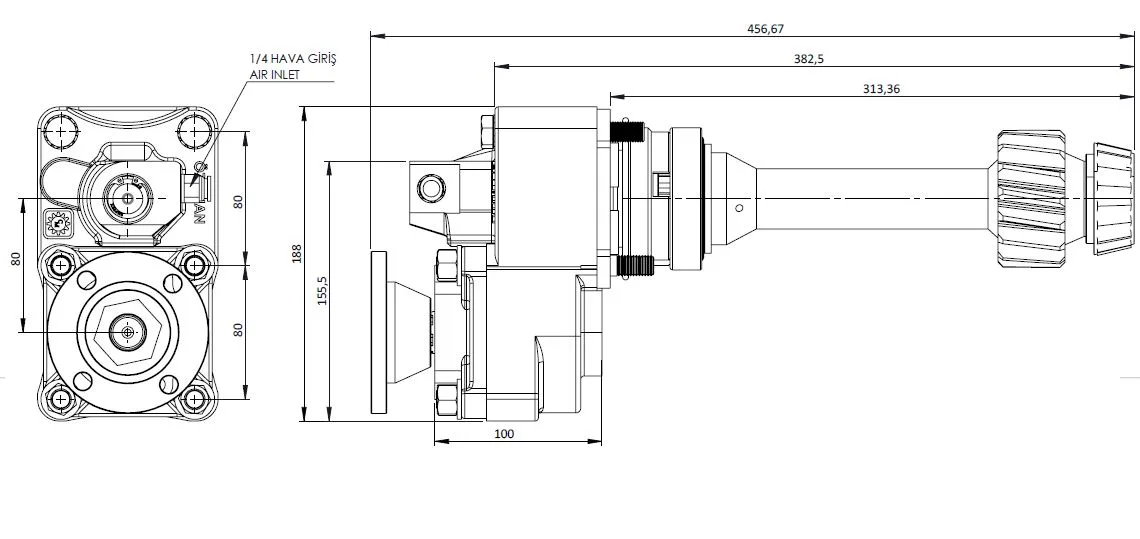 CTM 120 ADF PTO teknik çizimi — kesit, ölçü ve montaj şeması