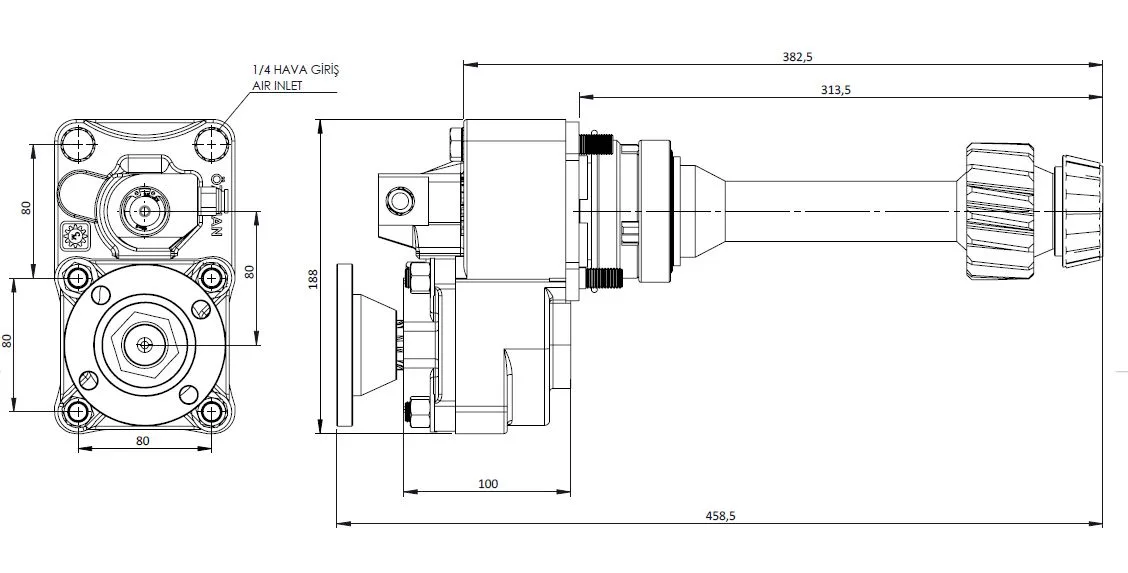 CTM 120 AD1F PTO teknik çizimi — kesit, ölçü ve montaj şeması