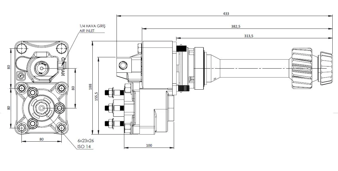 CTM 120 AC2F PTO teknik çizimi — kesit, ölçü ve montaj şeması