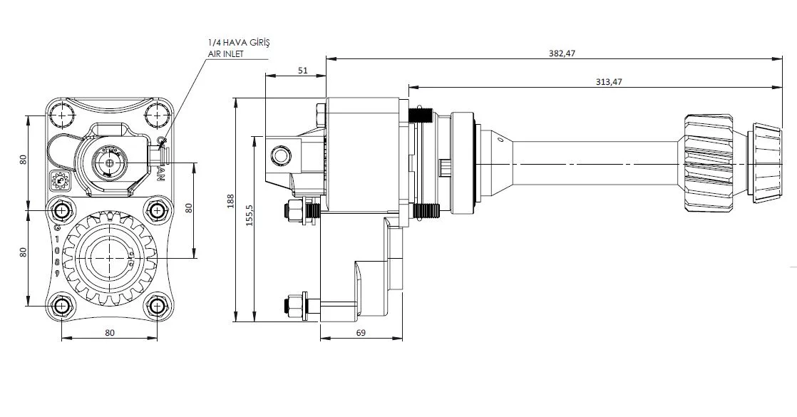CTM 120 AC1F PTO teknik çizimi — kesit, ölçü ve montaj şeması
